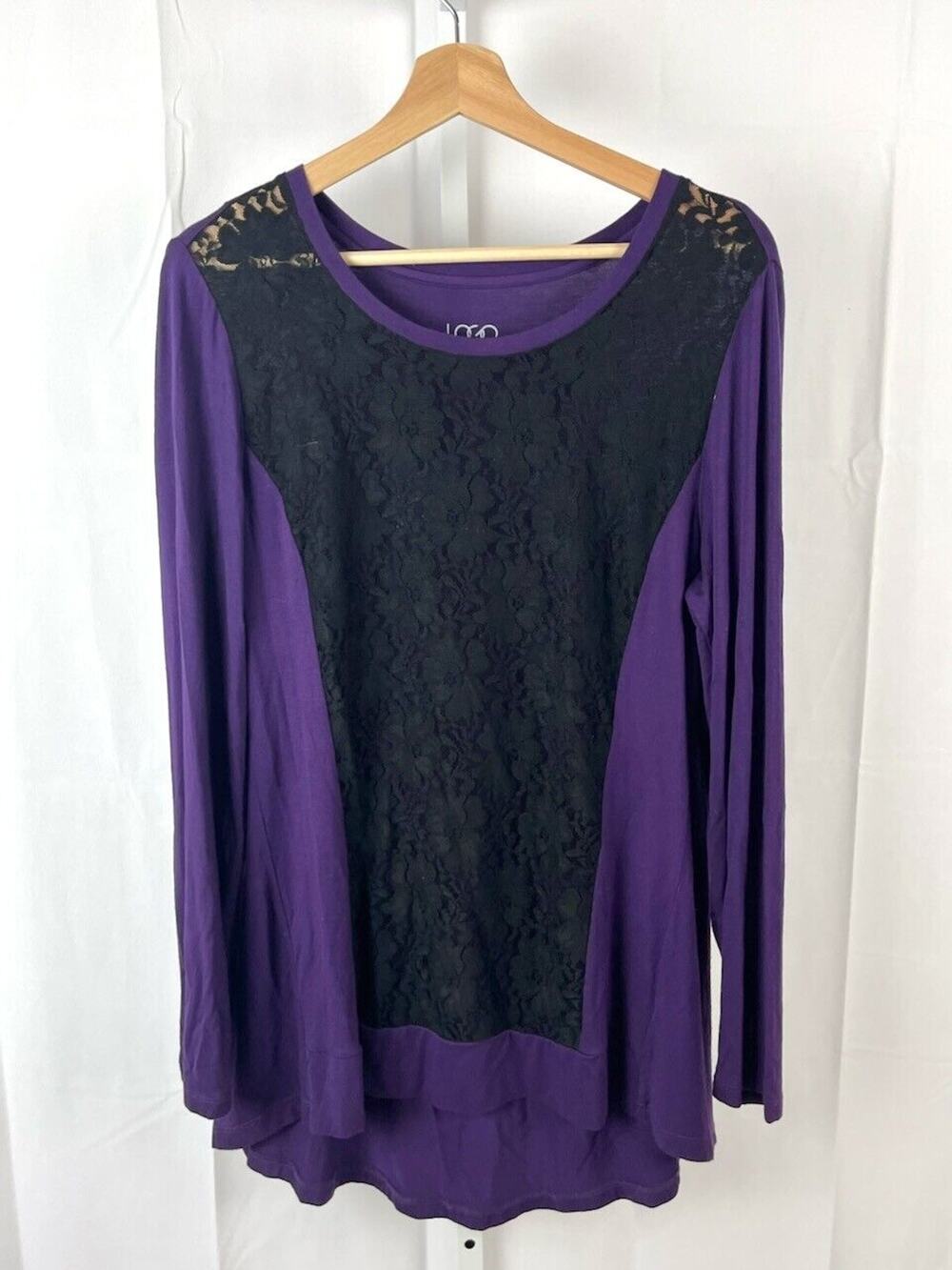 LOGO Lori Goldstein  M Sheer Lace Front Knit Top Long Sleeve Scoop Purple Black